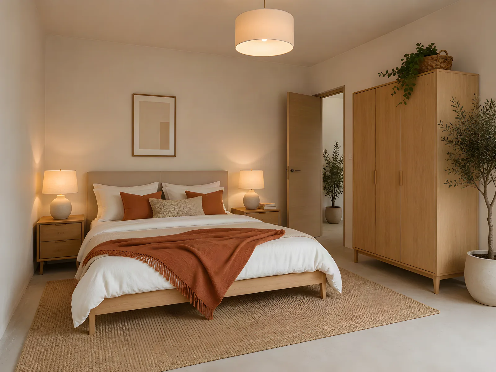 Misma habitación convertida en dormitorio amueblado y decorado con IA, con cama, mesillas y textiles cálidos