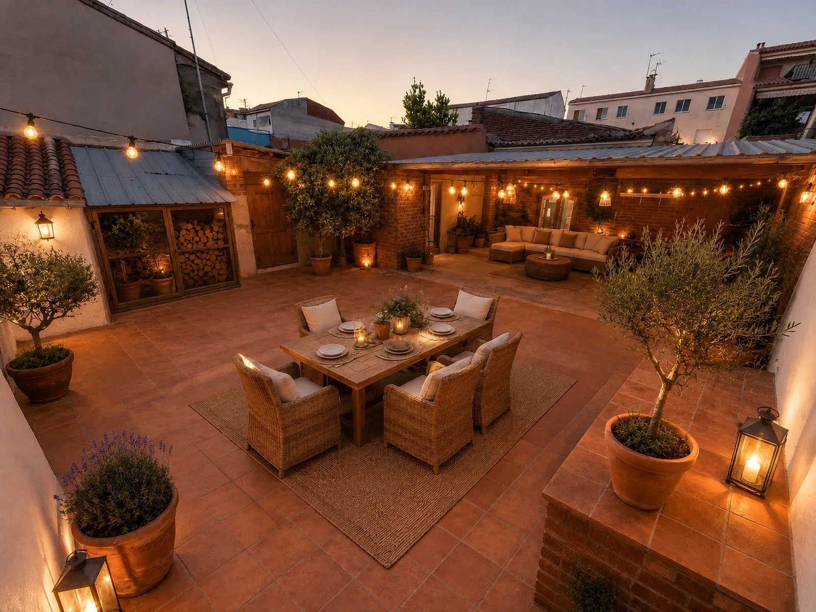 Mismo patio convertido en terraza exterior decorada con mesa, sillones, plantas y luces cálidas, ideal para Airbnb